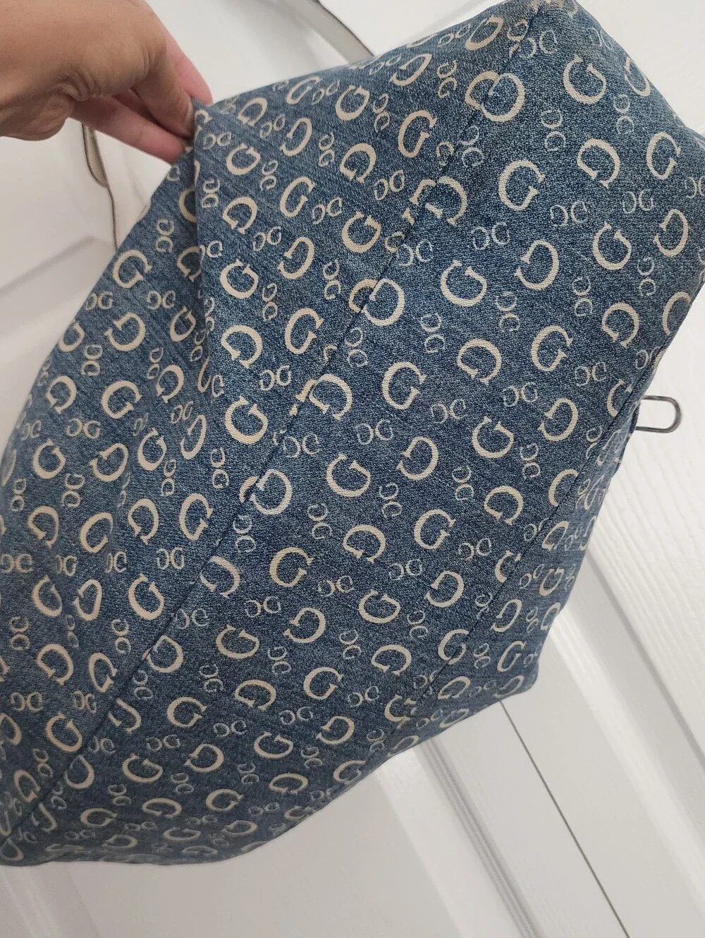 Y2K Guess Vintage Denim Blue Logo Monogram Studded Large Shoulder Hobo Bag